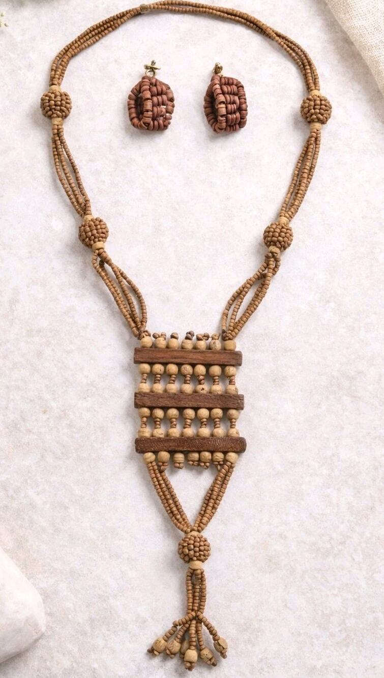Vtg Tribal Wood Bead Necklace Earrings Set Boho Ethnic Statement